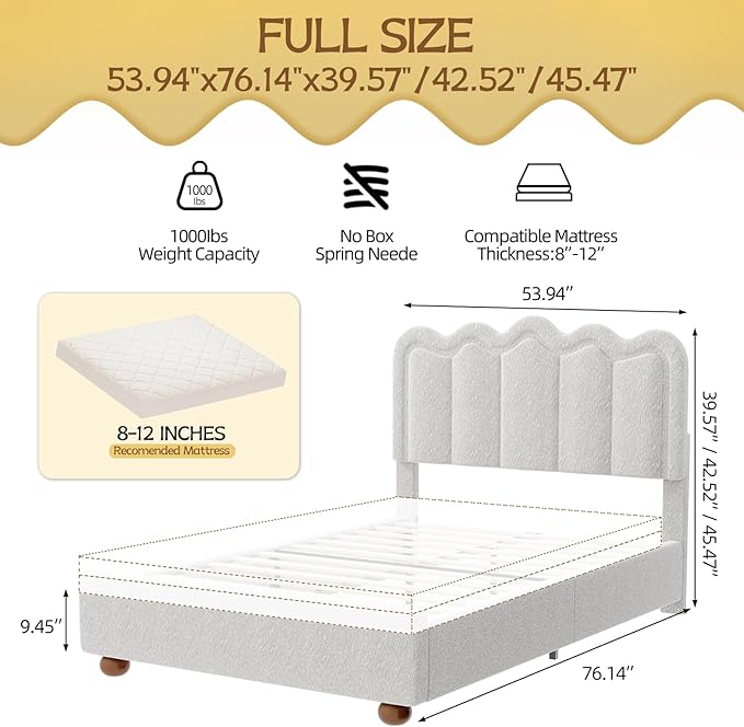 Full Size Bed Frame with Headboard, Boucle Bed Frame, Soft Upholstered Platform Cloud Bedframe with Footboard, Solid Wood Legs, Solid Wooden Slats Support, No Box Spring Required, Easy Assembly, Grey