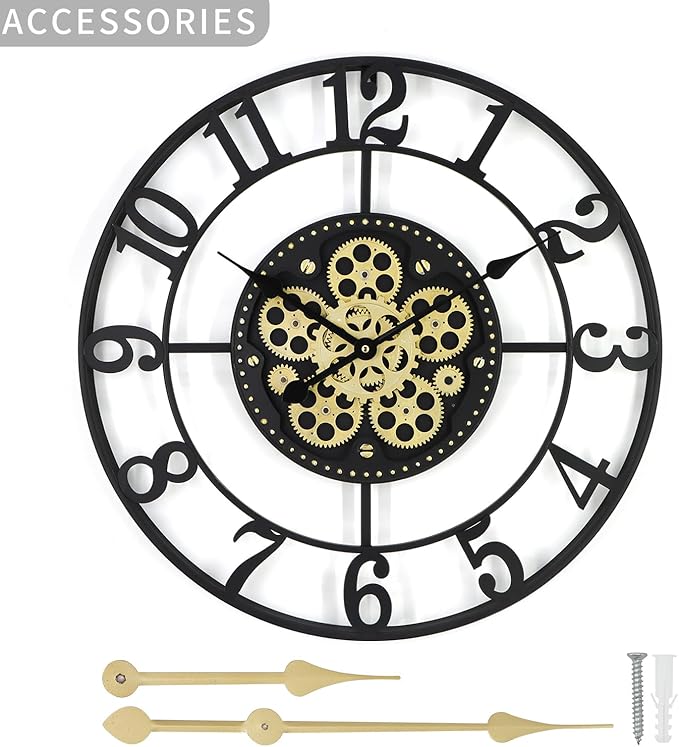 24In Large Wall Clocks for Living Room Decor with Moving Gears,Large Wall Clock Industrial Steampunk,Oversized Metal Analog Wall Clocks for Home Battery Operated (Accessories Color May Vary)