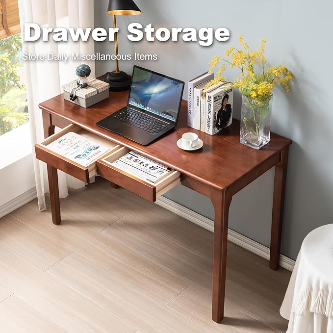 Solid Wood Desk with Drawers, Small Computer Desk for Small Spaces, Gaming Study Home Office Desks for Work, Student PC Desk for Bedroom, Escritorios para Cuartos (Cherry Color, 39inch)