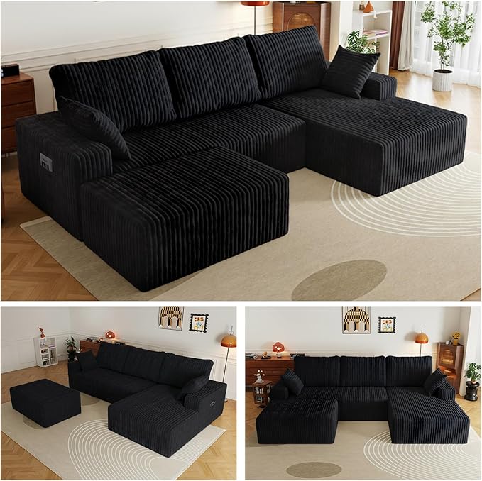 108" U Shaped Sectional Couch with Ottoman, Corduroy Modular Sectional Sofa with Deep Seat, Modern Modular L-Shape Sofa Couch with Chaise,Upholstered Boneless Couches for Living Room Bedroom