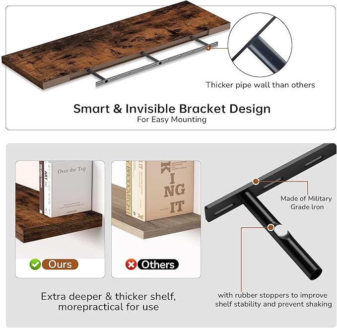 Fun Memories 55 Inch Floating Shelves - 12 Inch Deep Rustic Wooden Wall Shelves - Extra Deeper & Thicker Wall Mounted Storage Shelf for Living Room, Kitchen, Farmhouse - 55" W x 12" D x 1.8"H - Brown