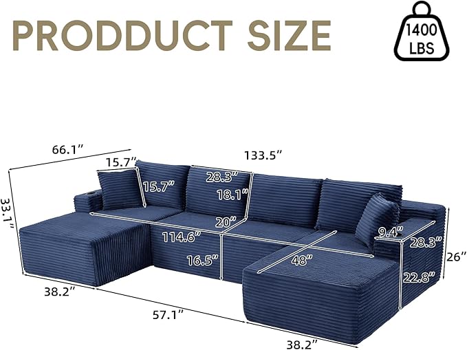 134 Inch Cloud Sectional Couch for Living Room,Corduroy Boneless Couches with Cup Holder,Modern Modular Sectional Sofa with Deep Seat,No Assembly Required (Blue, U-Shaped Sofa)