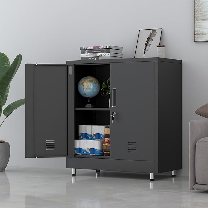 Metal Storage Cabinet with Locking Doors and Adjustable Shelf, Small Lockable Sideboard Buffet Cabinet for Home Office Hallway Entryway Living Dining Room (Black)