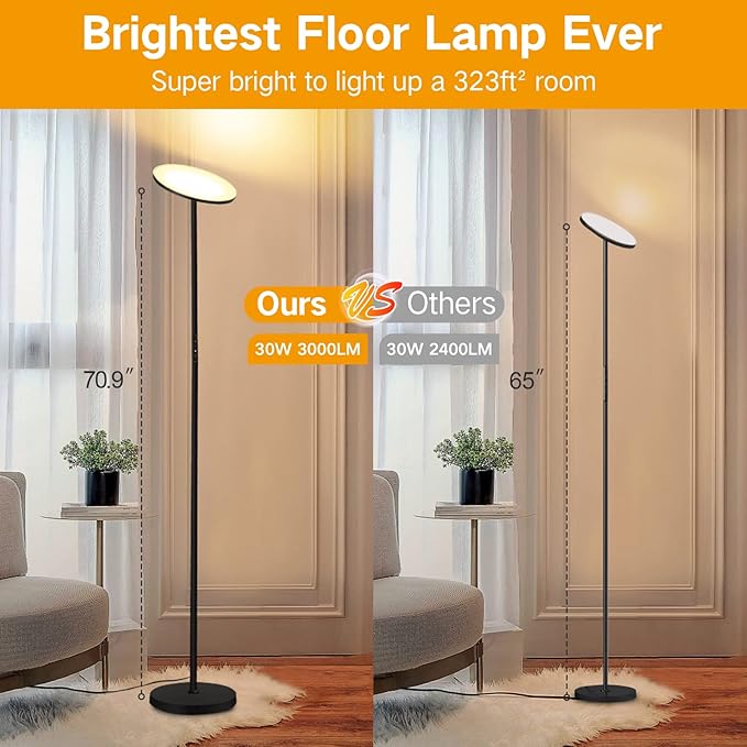 OUTON Floor Lamp, 30W/3000LM LED Modern Torchiere Sky Lamp, Super Bright Dimmable Standing Tall Lamp with 4 Color Temperatures, Remote Touch Control, 1 Hour Timer for Living Room Bedroom Office, Black