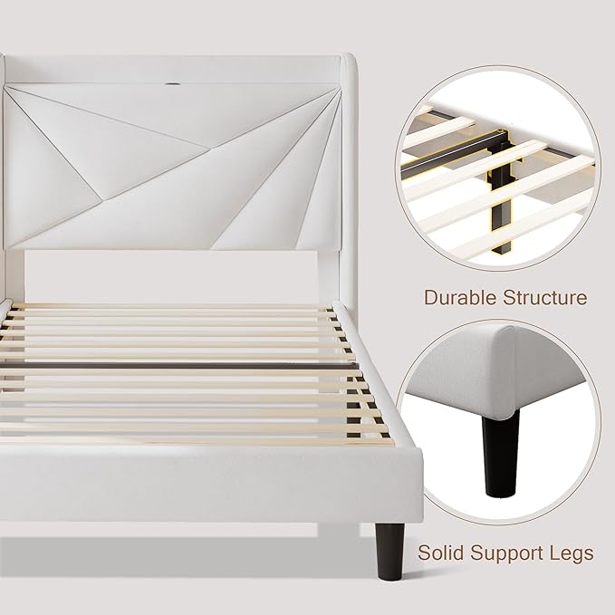 Twin Size Upholstered Bed Frame with Charging Station, Platform Bed Frame with Storage Headboard, Solid Wood Slats Support, No Box Spring Needed, White