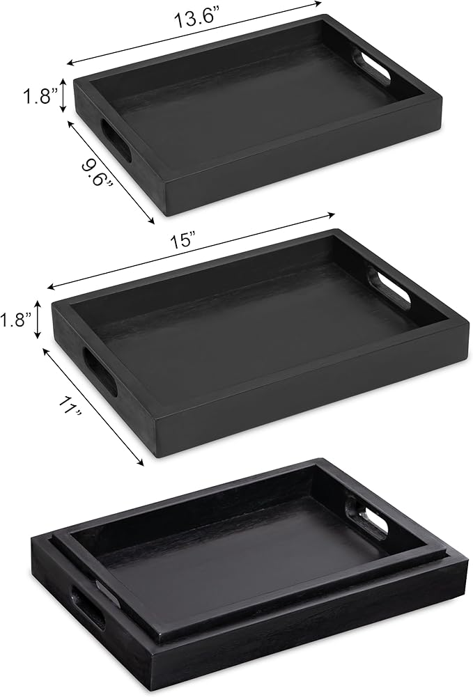 Black Acacia Wooden Rectangular Serving Tray with Handles, Set of 2 (15"x11"), Large Tray for Ottoman, Breakfast in Bed, Dinner, Coffee Table Decor & Kitchen