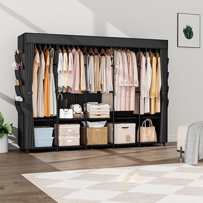 Portable Closet Storage, Portable Wardrobe Closet Organizer Clothes Rack wtih Cover, Hanging Rod, Storage Shelves and Side Pockets, Large Portable Closets for Hanging Clothes, Black