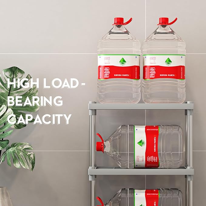 4 Tier Gray Plastic and Metal Standing Shelf Units, Durable Storage Shelves Rack Open Shelving for Pantry Kitchen Bathroom,13MM Steel Tubes