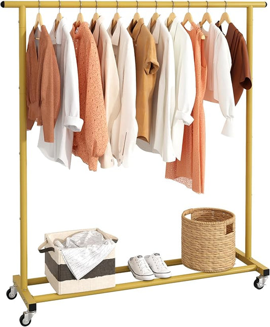 Buzowruil Metal Rolling Clothing Rack Adjustable Freestanding Garment Organizer with Wheels, Space-Saving Design for Home, Closet, Office, or Retail, Gold