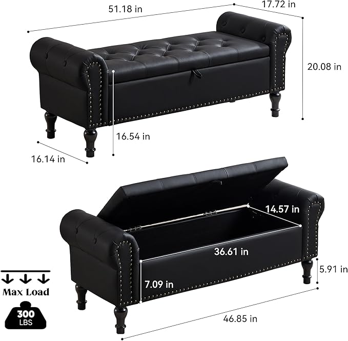 Storage Bench for Bedroom, 51" Upholstered End of Bed Bench, Faux Leather Queen Size Benches with Rolled Arms, Tufted Button Storage Long Ottoman, Living Room, Entryway, Black