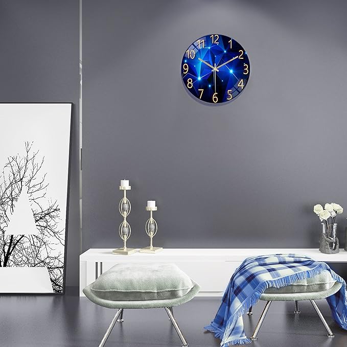 Lafocuse 12 Inch Silent Blue Wall Clocks Battery Operated for Bedroom, Blue Glass Wall Clock for Living Room Kitchen Decor