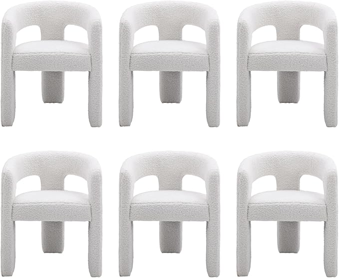 Modern Sherpa Dining Chairs Set of 6, Upholstered Barrel Chairs with Arms Comfy Accent Side Chairs for Living Room/Dining Room/Reception, White