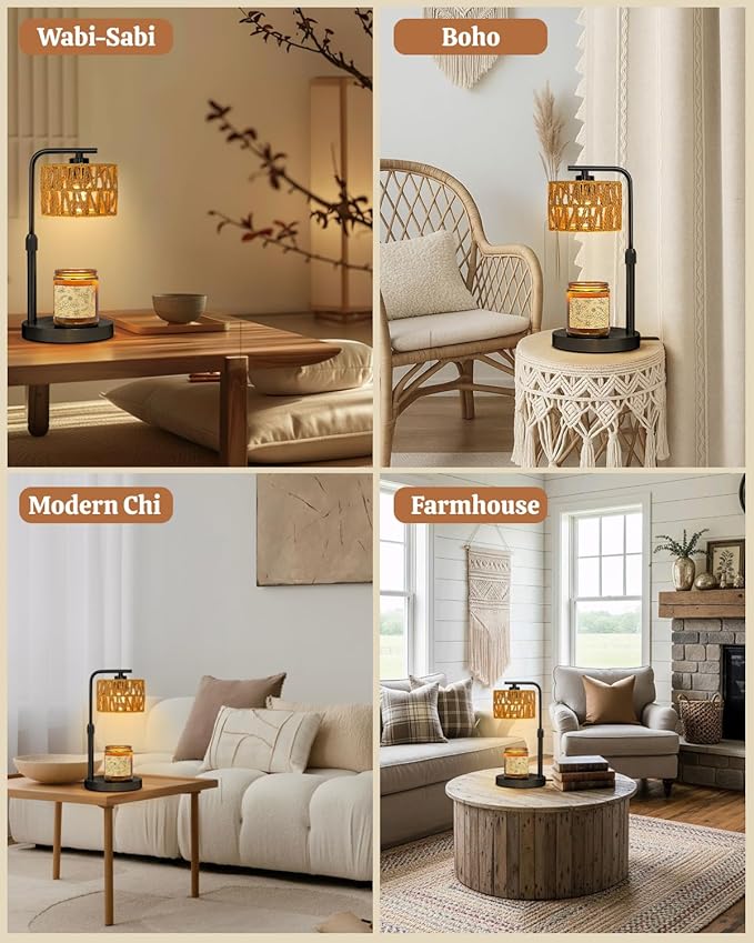 Candle Warmer Lamp, Timer Dimmable Candle Lamp, Adjustable Height and Brightness Candle Warmer, Boho Rattan Lampshade and 2 Bulbs, Suitable for Home Decor, Birthday Gifts for Women Mom (Black)