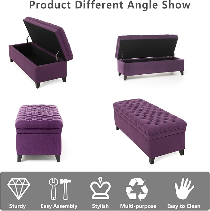 Setawix Linen Storage Benches for Bedroom,50" Bed End Bench with Storage,Tufted Purple Storage Ottoman Bench for Living Room,Rectangle Entryway Benches with Storage and Seating (Purple, Linen)