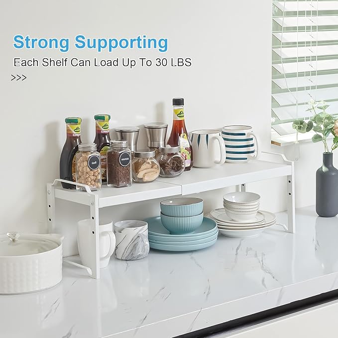 2 Pack Expandable Kitchen Cabinet Shelves Organizers, Stackable Adjustable Small Storage Shelf Rack Stand Riser for Pantry Cabinet Cupboard Kitchen Counter Organization, 22 lbs Capacity, Length:20.5"