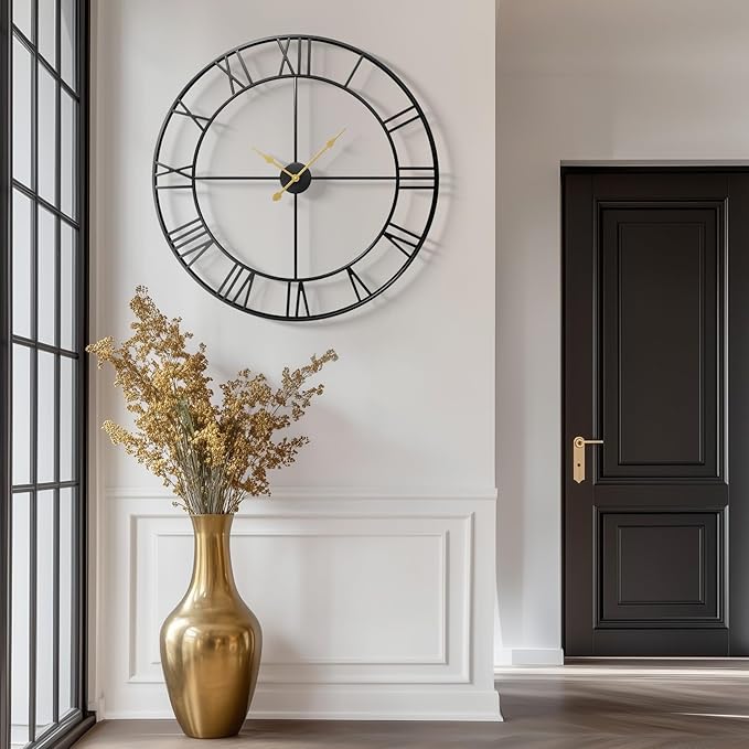 Cuspin Large Wall Clock for Living Room Mantel Decor, 36 Inch Wall Clock Battery Operated, Metal Round Roman Numeral Big Black Clock for Bedroom, Home, Kitchen, Office, Wall Decor
