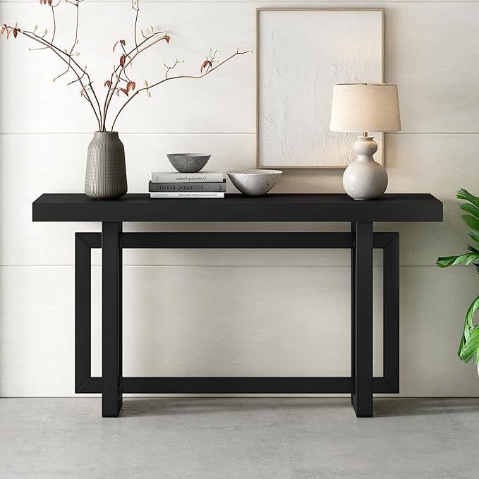 Knocbel Contemporary Console Table with Industrial-Inspired Concrete Wood Top, Minimalist Rectangular Entryway Table for Hallway Living Room Foyer Corridor, 59.1" W x 15.7" D x 31.7" H Black