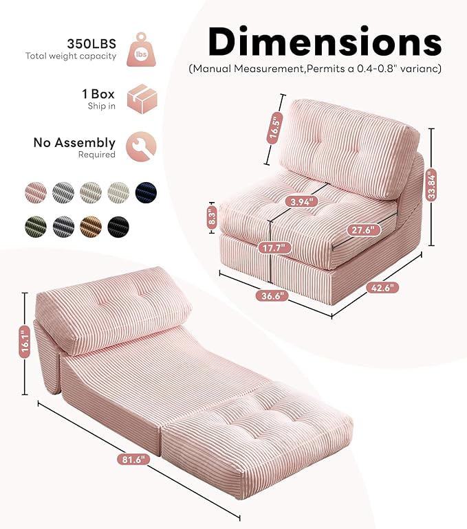 Tbfit Folding Sofa Bed, Convertible Sleeper Chair with Large Pillow, Corduroy Folding Couch Bed, Portable & Foldable Mattress Boneless Floor Sofa for Living Room, Bedroom, Office, Pink, Single