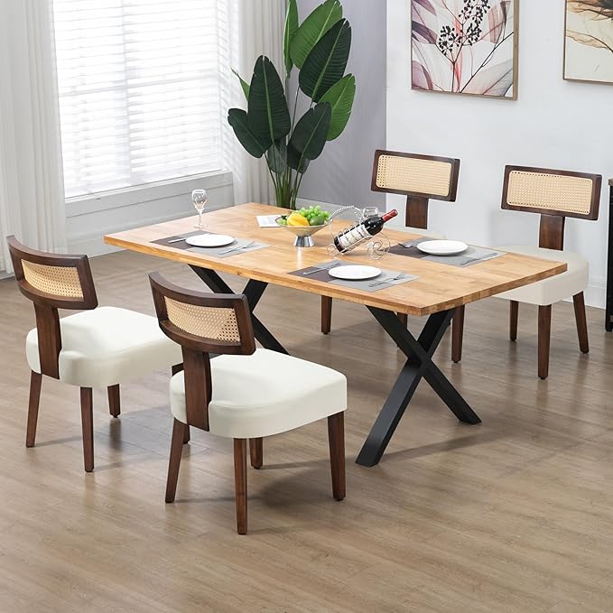 Upholstered Rattan Dining Chairs Set of 4, Mid-Century Modern Fabric Dining Room Chair with Brown Hardwood Frame, Curved Backrest Kitchen Chairs Armless Accent Chairs for Living Room (Cream)