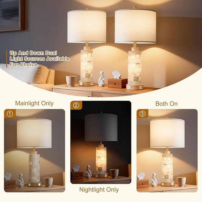 27" Natural Alabaster Wood Table Lamp Set of 2 with Night Light for Living Room, Nightstand Lamps with USB A+C Ports, Linen Shade, Farmhouse Bedside Lamps for Bedroom,Office,Hotel (Bulbs Included)