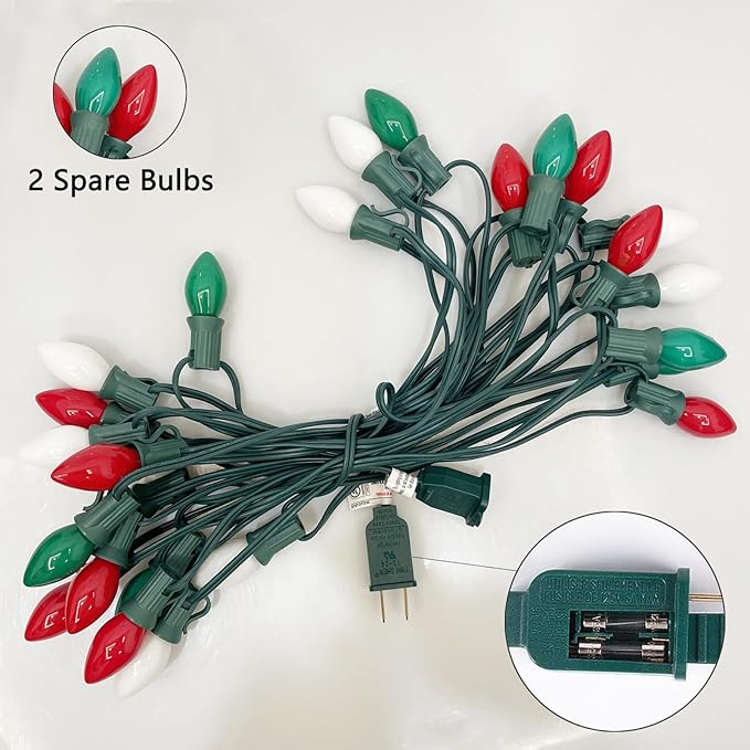 SUNSGNE C7 Christmas String Lights 25 Feet Outdoor String Lights with 27 5W Red Green White Glass Light Bulbs(2 Spare) for Backyard Patio Garden Xmas Decor, Green Wire