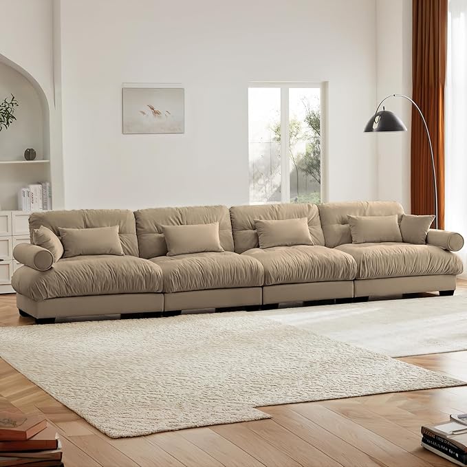 166" Oversized Camel Velvet Cloud Couch - 4 Seater Modular Sectional Sofa with 6 Pillows, Deep Seat for Living Room
