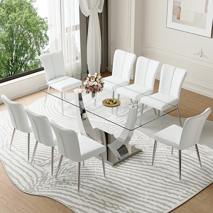 Glass Dining Room Table Set for 8,Kitchen Table Set with 8 PU Leather Chairs,71" Tempered Glass DiningTable Set with Silver U-Shaped Table Legs and Rectangular Base