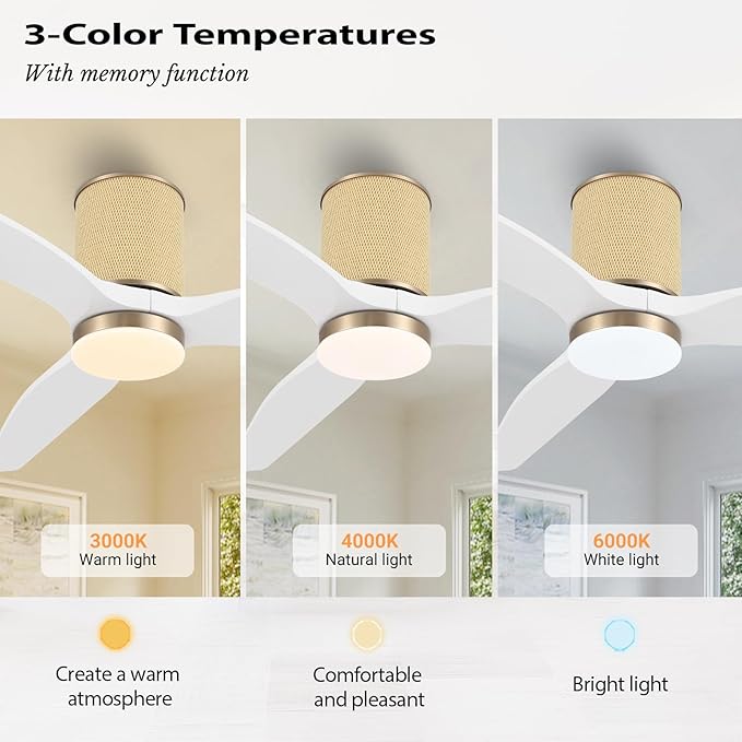 52" Ceiling Fan with Light - Low Profile Flush Mount Ceiling Fan, 6-Speed Remote Control, Solid Wood, Quiet Reversible DC Motor, Boho Style, for Bedroom, Living Room, Porch White/Gold