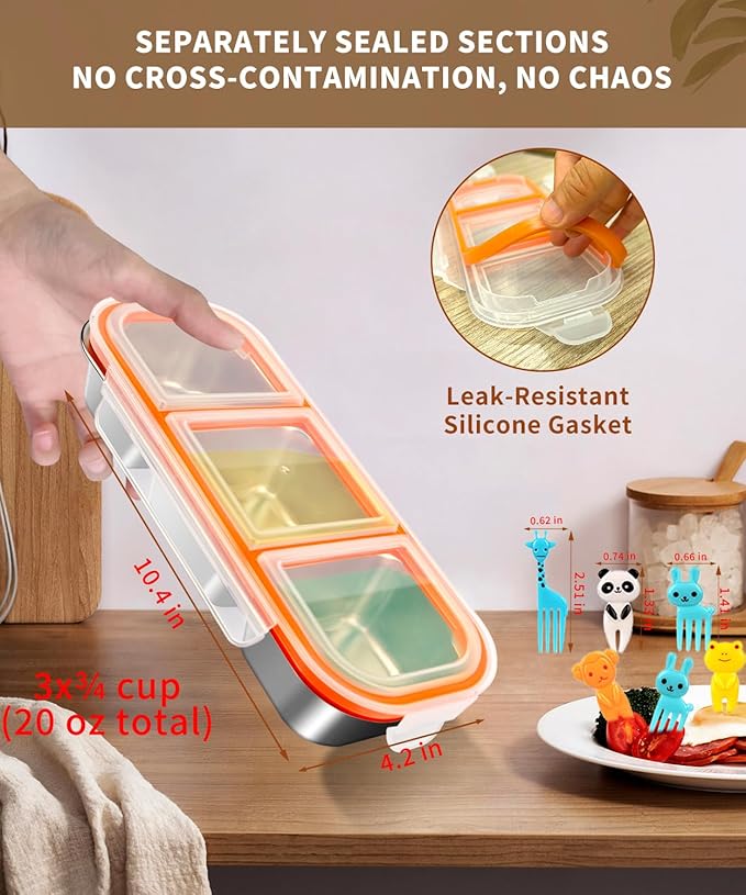 4 Pack Bento Box,Stainless Steel Snack Containers With Lids,Leak Proof Metal Lunch Box with 3 Compartments,Reusable Lunch Meal Prep Containers for office,Work,Travel For Adults Little One