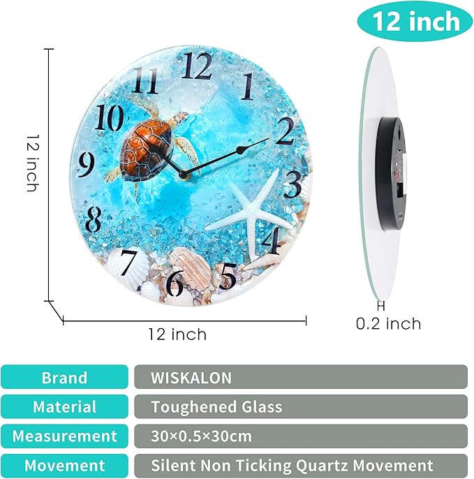 Coastal Nautical Glass Wall Clock with Seashell Design and Turtle Beach Theme - Battery Operated Silent Wall Decor for Home, Kitchen, Living Room, Office, Bedroom, or Bathroom (12 Inch,Blue)