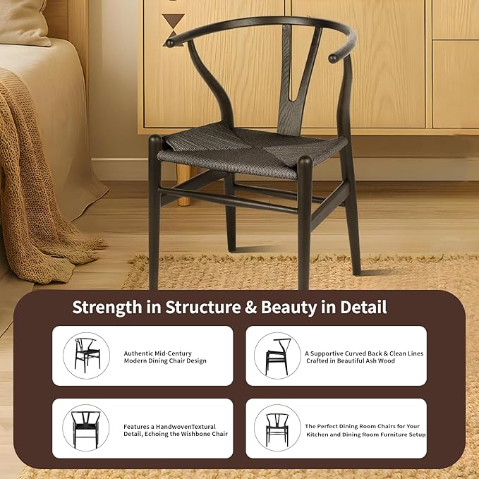 Tomile Wishbone Chair Y Chair, Wooden Dining Chairs, Mid Century Modern Chairs with Arms, Solid Wood Weave Seat Kitchen & Dining Room Chairs (Ash Wood - Black)