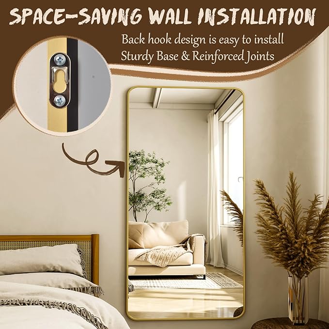 76"x34" Floor Full Length Mirror Standing Full Body Rounded Corner Rectangle Mirrors with Stand Hanging Wall Mounted Leaning Bedroom Living Room Bedroom Cloakroom,Gold