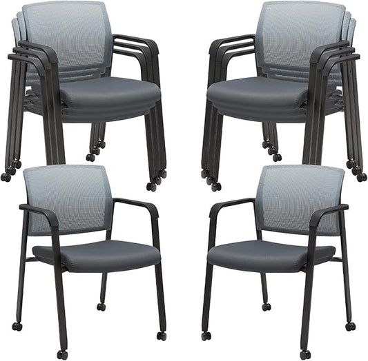 CLATINA Mesh Back Stacking Arm Chairs with Upholstered Fabric Seat and Ergonomic Lumbar Support for Office School Church Guest Reception (WithWheels Gray- 8 Pack)