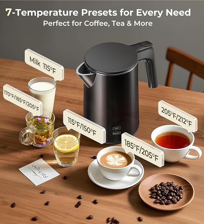 Electric Kettle 1.0L 1200W, 7 Temp Settings, 4H Keep-Warm, Fast-Boil Stainless Steel Electric Tea Kettle, 120V Water Boiler with Auto-Shut Off, Cool Touch PP Exterior for Home Office, Black
