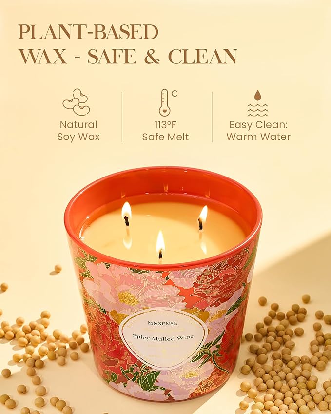 M&SENSE Spicy Mulled Wine Scented Candle, 28.2oz 3 Wick Natural Soy Wax Large Candles, Long Lasting Clean Slow Burning No Toxic Décor for Home Relaxation, Romantic Dates & Gift-Giving