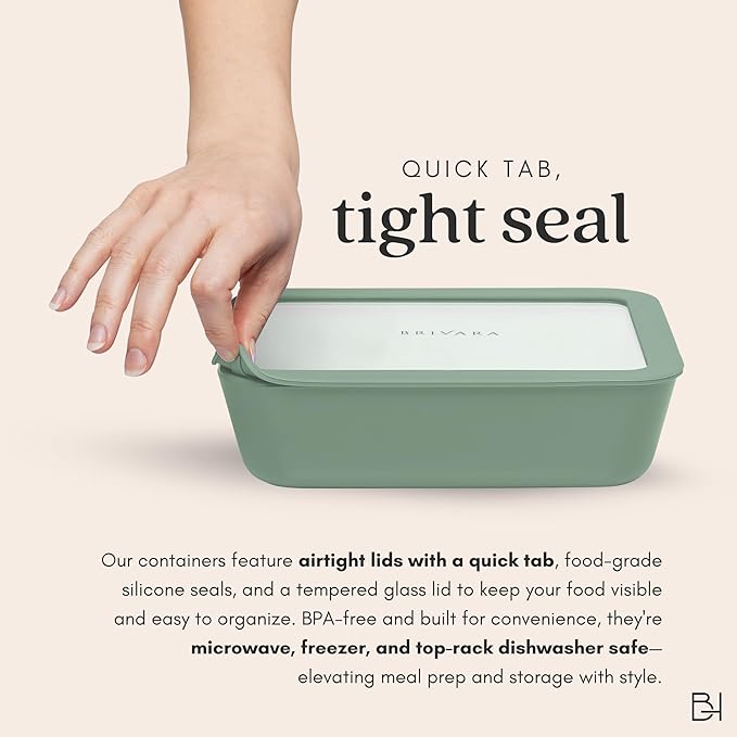 Ceramic Coated Glass Food Storage Container | No PTFE, PFOA, PFAS, and BPA | Reusable Non Toxic Meal Prep Container with Glass Lid | Easy To Store | 5 Cup Square [Willow]