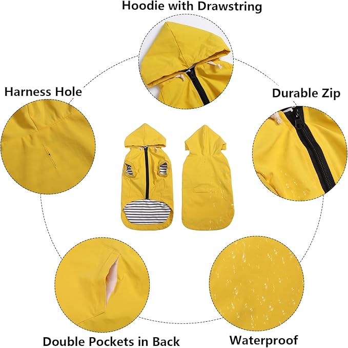 Dog Raincoat rain Jacket Dogs Waterproof fit for Small Medium Breeds Zipper Closure Pocket Storage in Cold Day - Yellow - XL