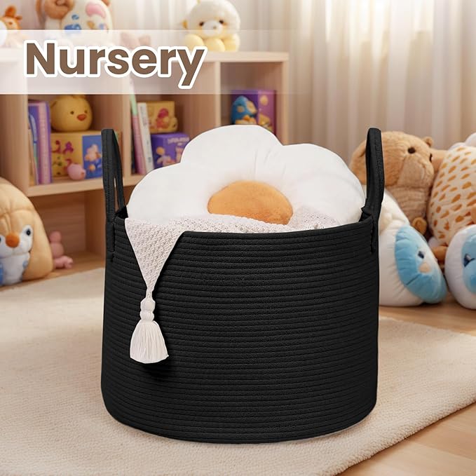 Woven Blanket Basket,115L Large Rope Storage Bin with Handles, Organizer for Blankets Toys Book and Clothes, Laundry Basket for Living Room Bedroom Nursery,Black