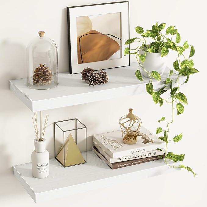 Fun Memories Floating Shelves - 2 Pack 9.3 Inch Deep Rustic Wooden Wall Shelves - Wall Mounted Storage Shelf with Invisible Brackets, 24" W x 9" D x 1.6" H - White
