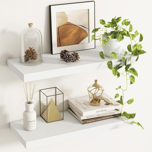 Fun Memories Floating Shelves - 2 Pack 9.3 Inch Deep Rustic Wooden Wall Shelves - Wall Mounted Storage Shelf with Invisible Brackets, 24" W x 9" D x 1.6" H - White