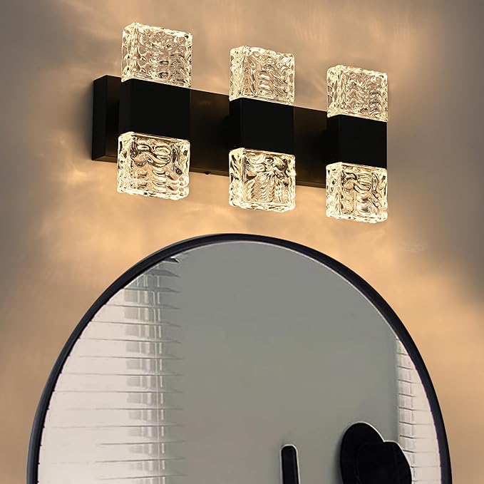 MELUCEE Modern LED Bathroom Lights Over Mirror 24W Dimmable Crystal Wall Sconce LED Vanity Light Bar 3 Lights Black Bathroom Wall Light Fixtures for Bath Powder Room, 3000K Warm Lighting