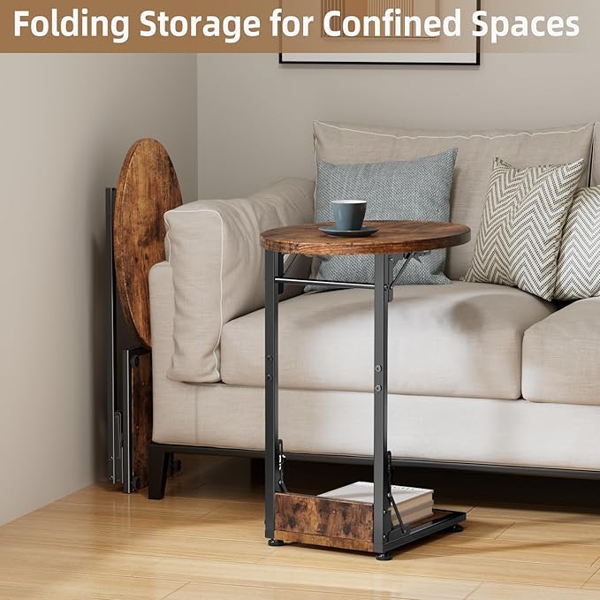 Elbourn Folding Side Table End Couch Tables,Metal Frame C-Shaped TV Stand for Sofa Living Bedroom Bedside Coffee Small Spaces(Vintage Wood Color)