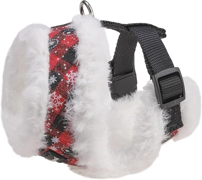 SCENEREAL Dog Christmas Harness Collar and Leash Set, Warm Fleece No Pull Puppy Vest Harnesses No Chock Adjustible Step in Small Pet Halter for Outdoor Walking Training, Black Red Plaid XS