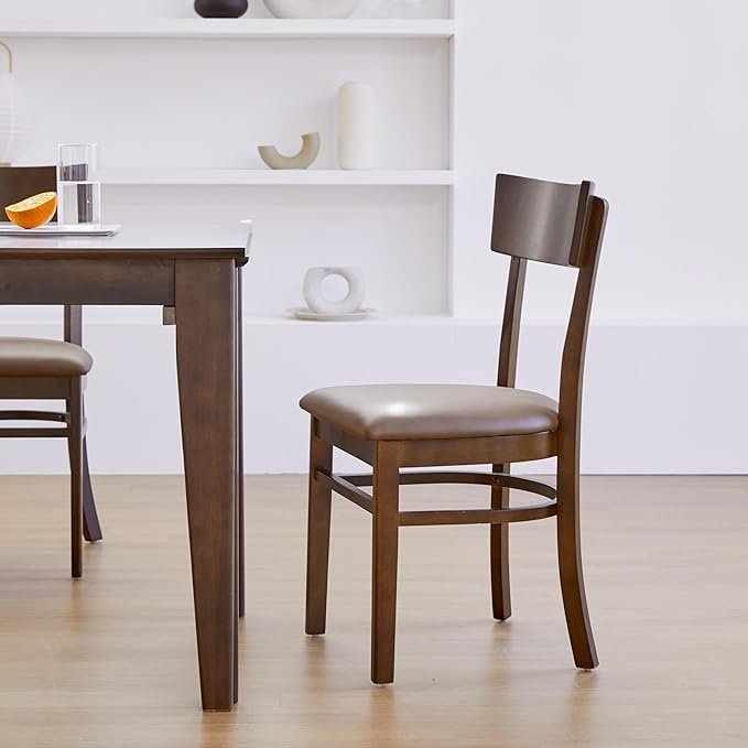 Livinia Mint Dining Chair Set of 2, Solid Malaysian Oak PU Leather Upholstered Cushion Seat, Straight Back Side Chairs (Walnut)