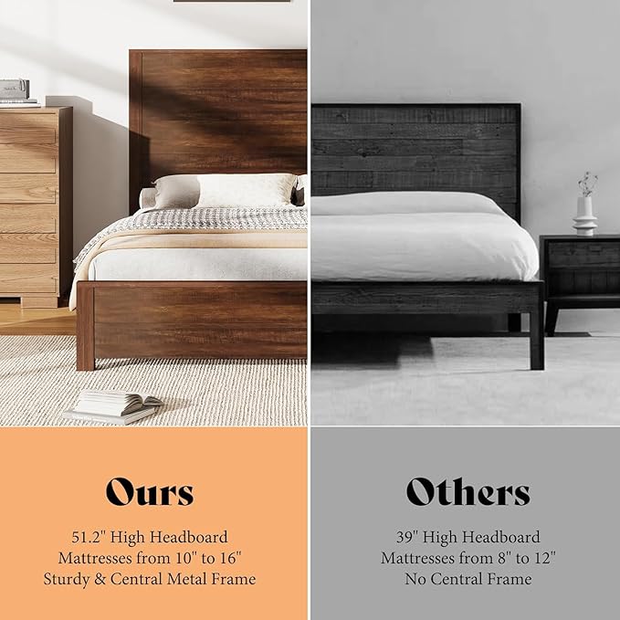 AMERLIFE Queen Size 51.2" Wood Bed Frame, Rustic Platform Bed with Spliced Headboard, No Box Spring Needed/Wood Slats Support/Noiseless/Reclaimed Barnwood