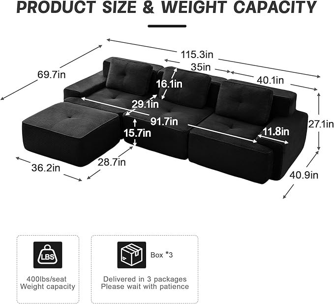 115" Modern Corduroy Cloud Sofa with Ottoman, L Shaped Boneless Modular Large Sectional Couches for Living Room, Black 3 Seater Compressed Memory Foam Couch, Extra Deep Seat, No Assembly