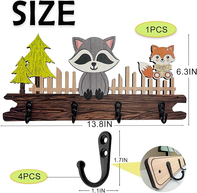 Dog Leash Holder for Wall Mount, Farmhouse Wooden Dog Claw Hooks, Paws Key Rack Accessories for Rustic Home Decor (Raccoon)