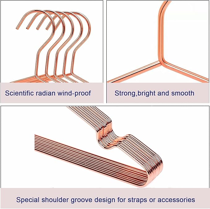 10-Pack Rose Gold Metal Wire Clothes Hangers，16.5" Heavy Duty Wire with Non Slip Notch, Strong Stainless Steel Hangers Space Saving