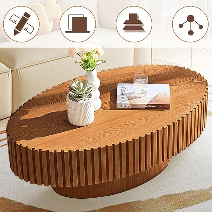 Oval Coffee Table, Handcrafted Fluted Drum Coffee Tables Modern Wood Coffee Table Drum Center Table for Living Room, Apartment (Oval Wood)