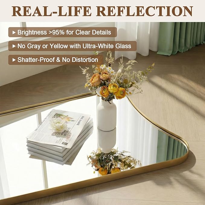 ANDY STAR 21" x 64" Full Length Mirror, Decorative Full Body Mirror with Stainless Steel Thin Frame, Italian Curved Edge Design, Wall Mountable or Leaning for Bedroom, Cloakroom, Brushed Gold